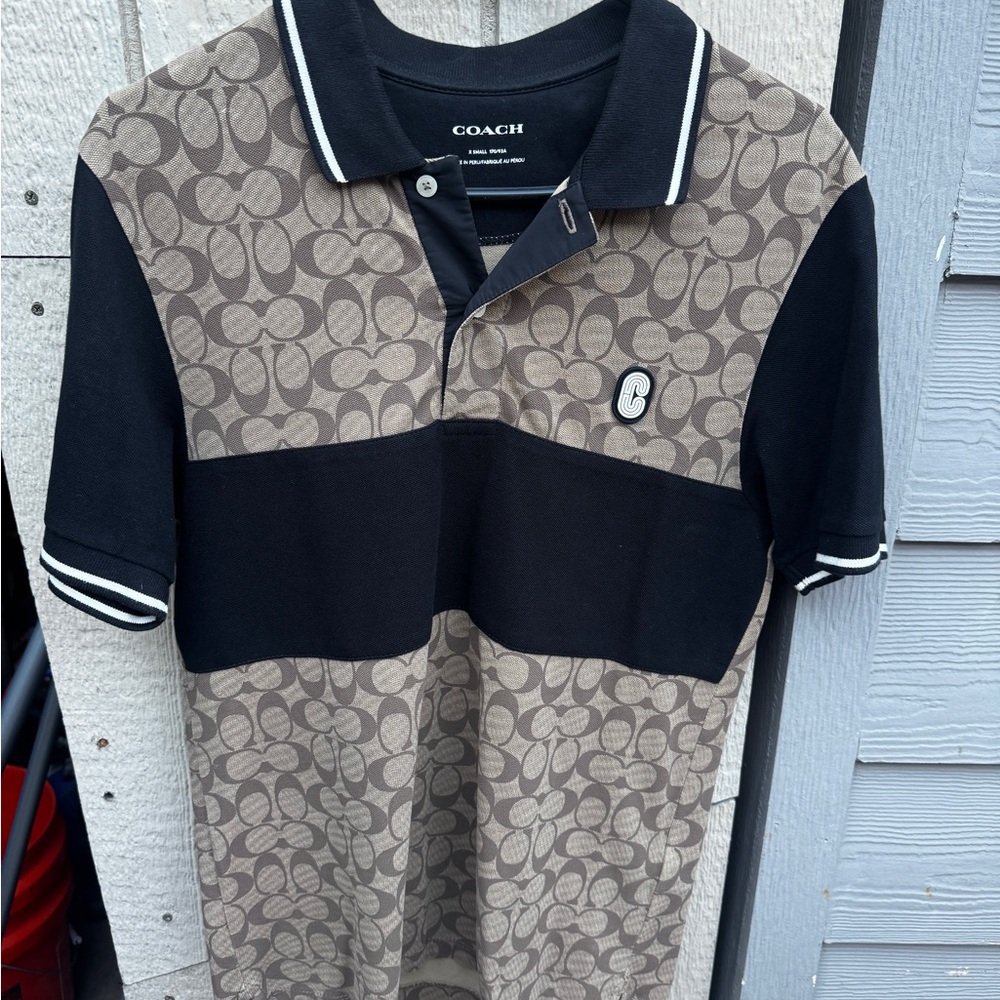 Coach Men's Black and Tan Patterned Polo Shirt